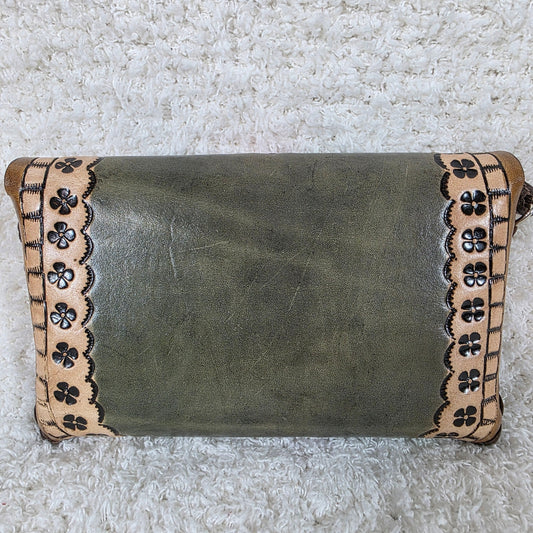 Mexican Hand-Tooled Leather Butterflies & Flowers Olive Green Clutch Wristlet Bag