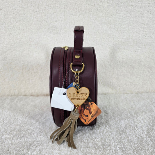 Chiapas Loom Embroidered Burgundy Round Vegan Leather Crossbody Handbag