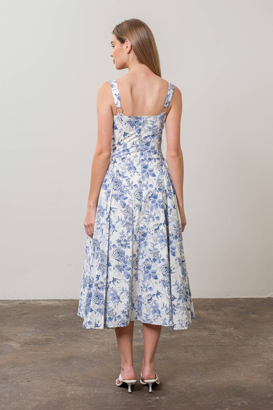 Moon River Ivory & Blue Toile Floral Sleeveless Corset Midi Dress