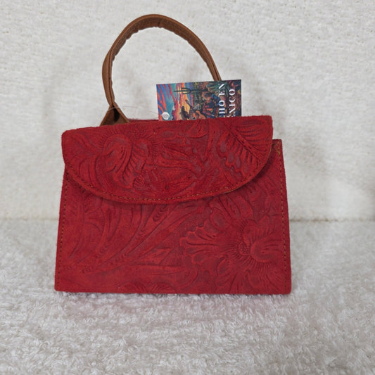 Red Floral Embossed Leather Mini Bag with Detable Strap