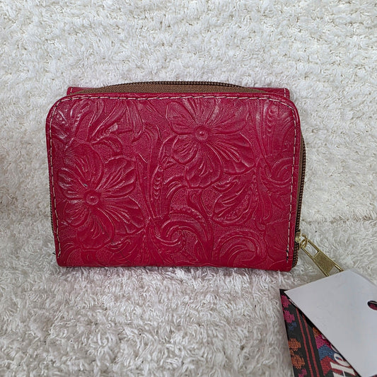 Vibrant Red Floral Embossed Leather Tri-fold Wallet