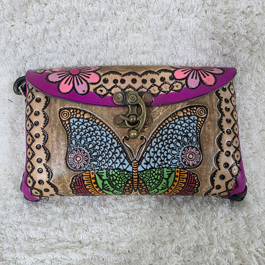 Mexican Hand-Tooled Leather Butterflies & Flowers Tan & Purple Wristlet Clutch Bag