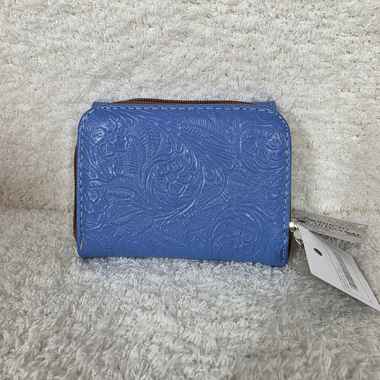 Blue Floral Embossed Leather Trifold Wallet with Back Zip Compartment