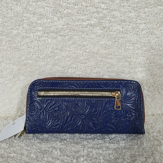 Blue Floral Embossed Leather Double Zip Wallet