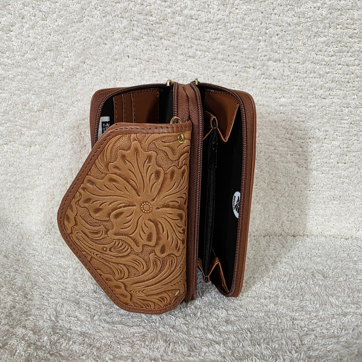 Light Brown Floral Embossed Leather Convertible Wallet Crossbody with Brown Trim