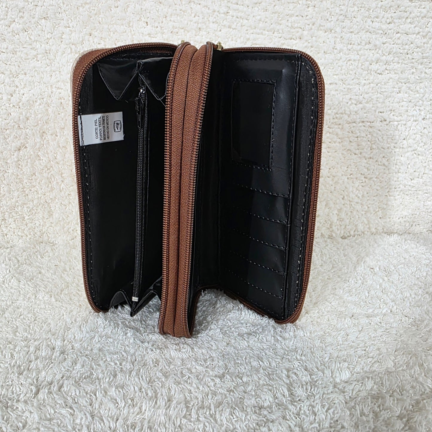 Light Nude Floral Embossed Leather Double Zip Wallet
