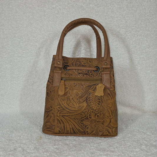 Tooled Honey Brown Floral Leather Drawstring Bucket Bag