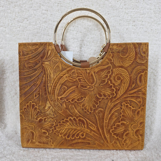 Mexican Chiapas Loom Honey Brown Tooled Leather Bag with Gold Tone Ring Handles