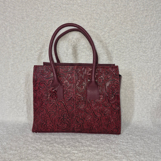 Burgundy Floral Embossed Leather Tote Bag - Handcrafted Mexican Artisan
