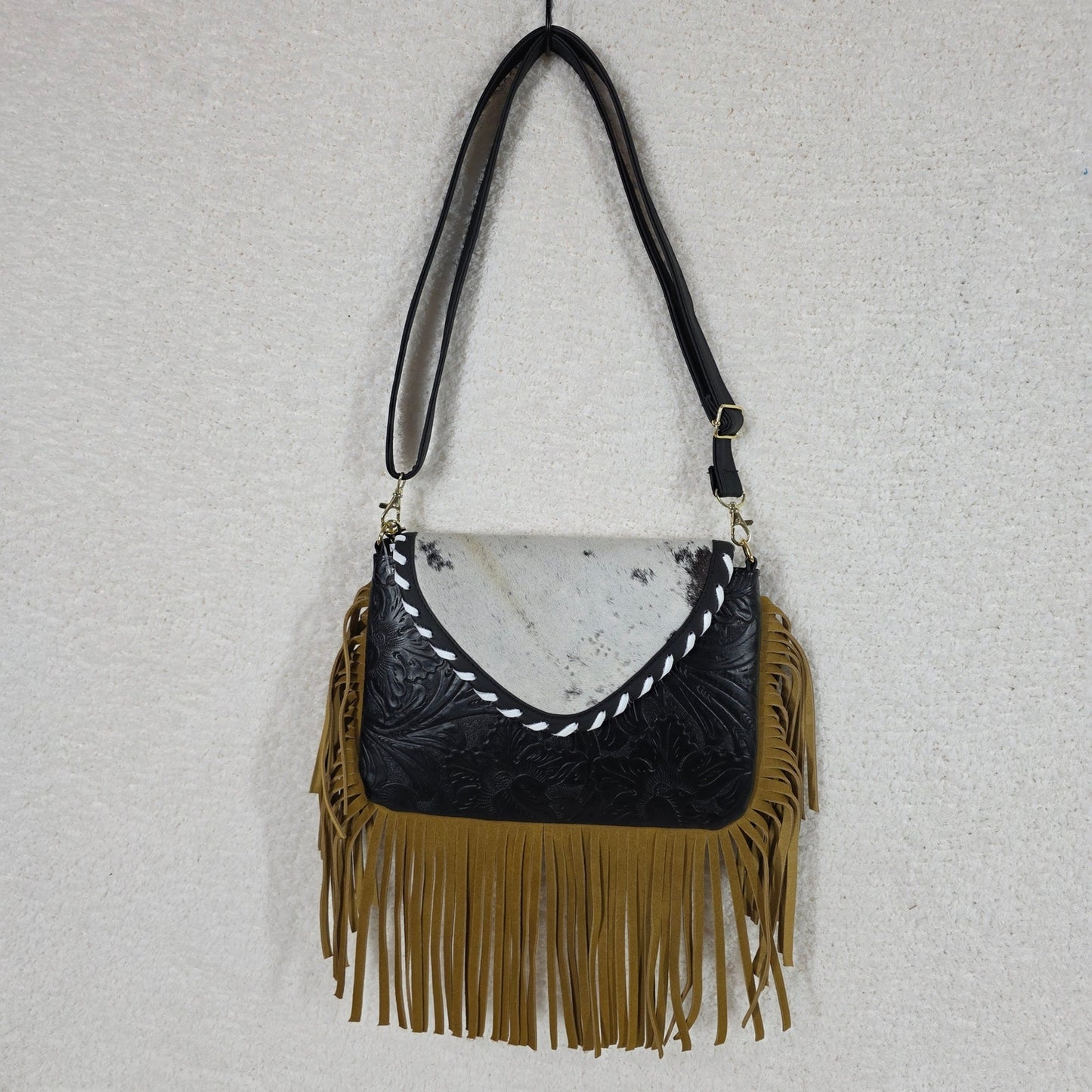 Mexican Black Embossed Tooled Leather & Cowhide Fringe Crossbody Bag