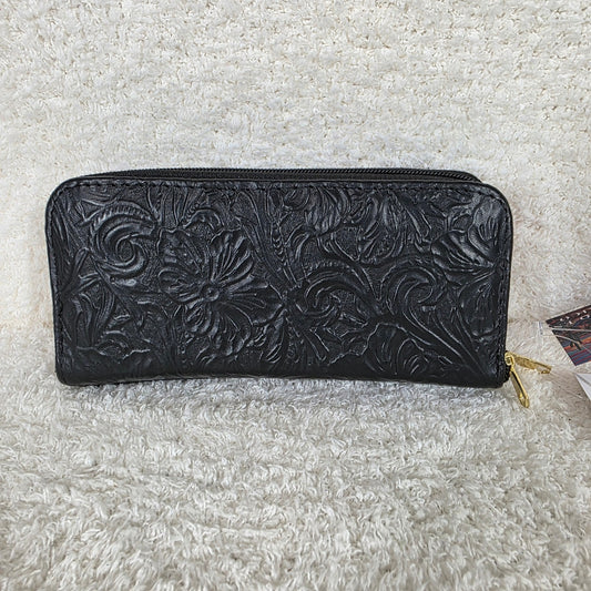 Mexican Handmade Chiapas Loom Floral Embroidered Black Leather Embossed Wallet