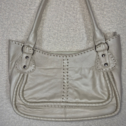 Handcrafted Mexican Pearl White Calfskin Leather Shoulder Bag with Whipstitch & Braided Detail