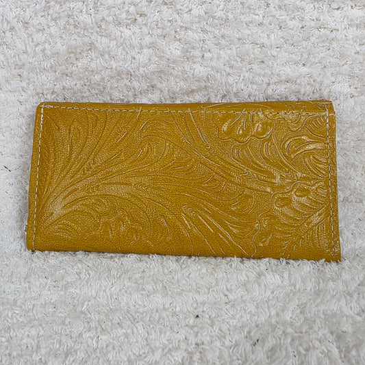 Mustard Yellow Floral Embossed Leather Tri-fold Wallet