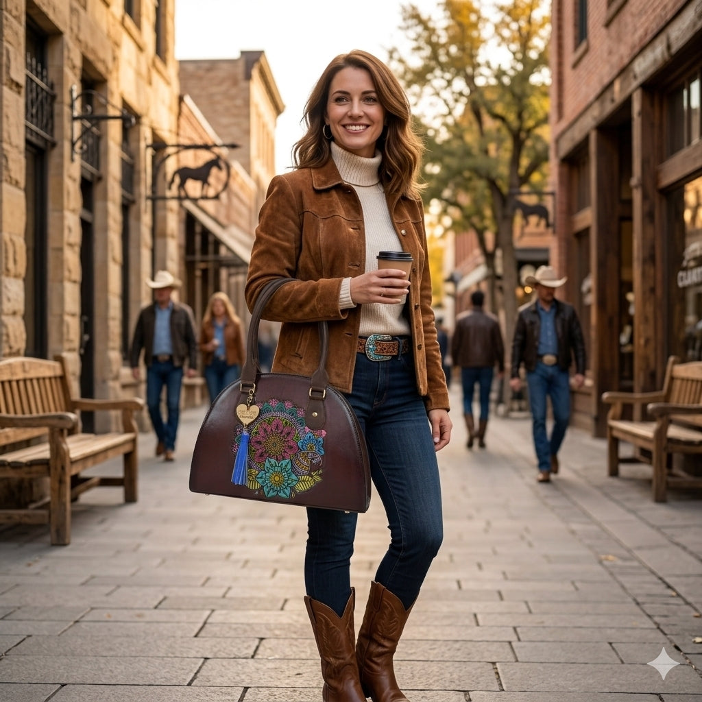 Handcrafted Mexican Brown Vegan Leather Dome Handbag with Colorful Mandala Embossed & Hand Painted Detail