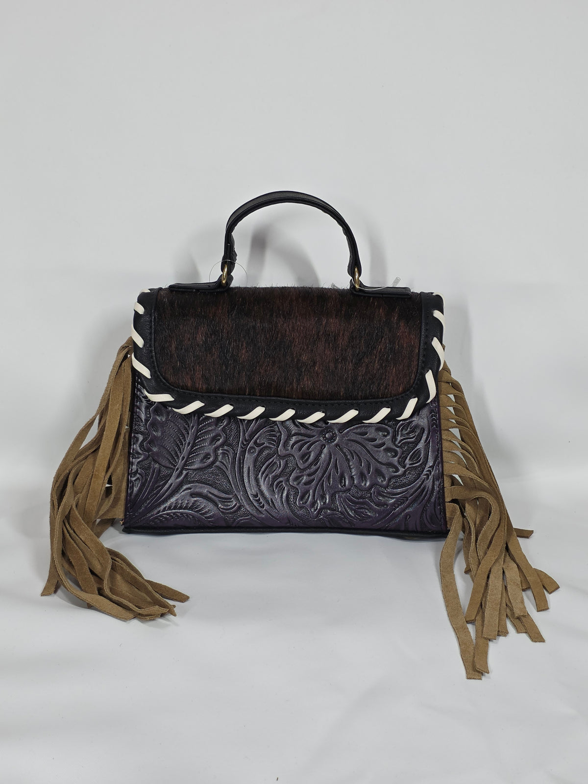 Dark Plum Embossed Vegan Leather & Cowhide Hair-On Fringe Top Handle Bag | Handmade in Mexico