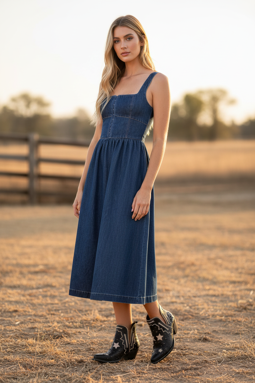 Woman in Blue Denim Midi Dress with Western Star Booties