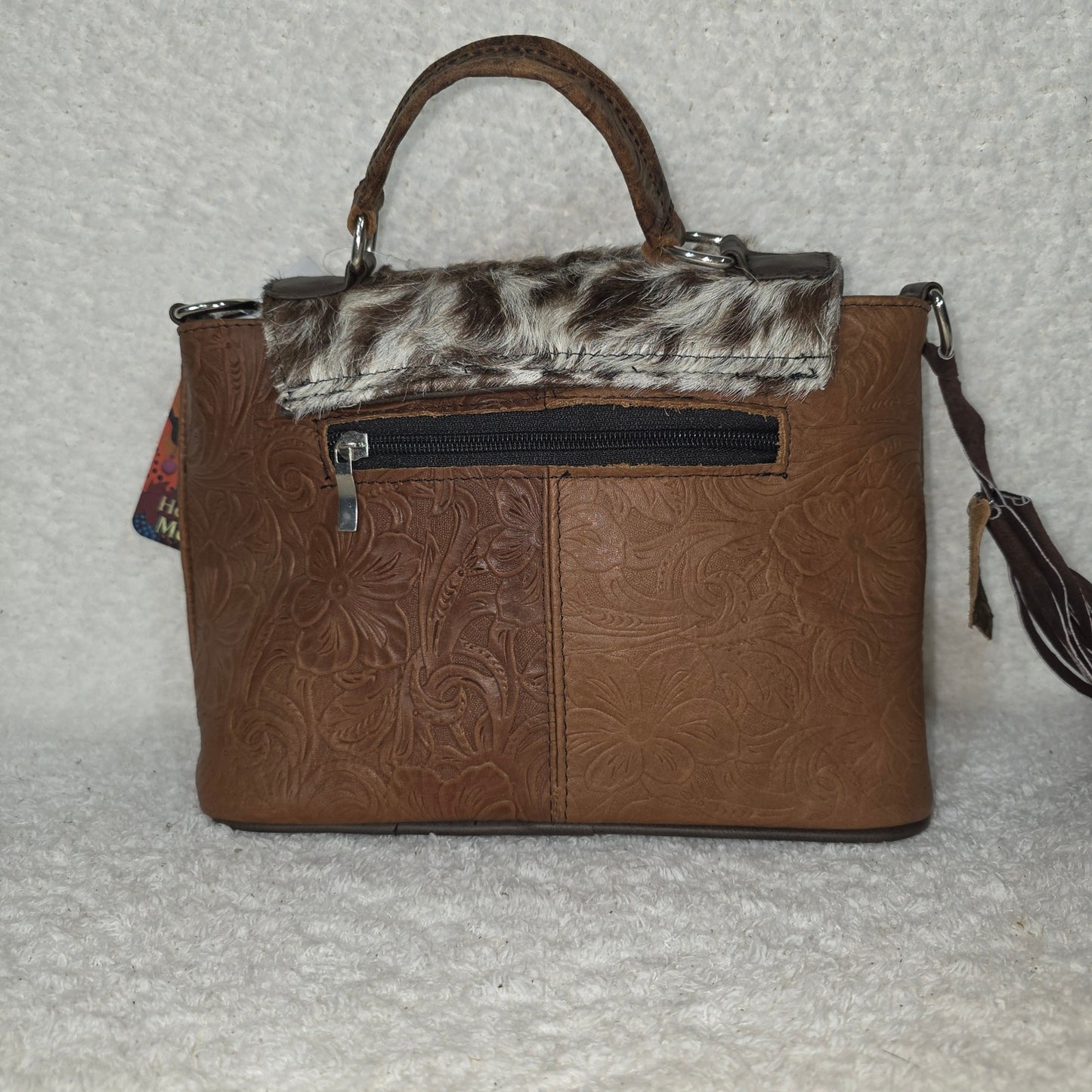 Handcrafted Mexican Brown Tooled Leather & Cowhide Hair-On Western Handbag with Turquoise Concho