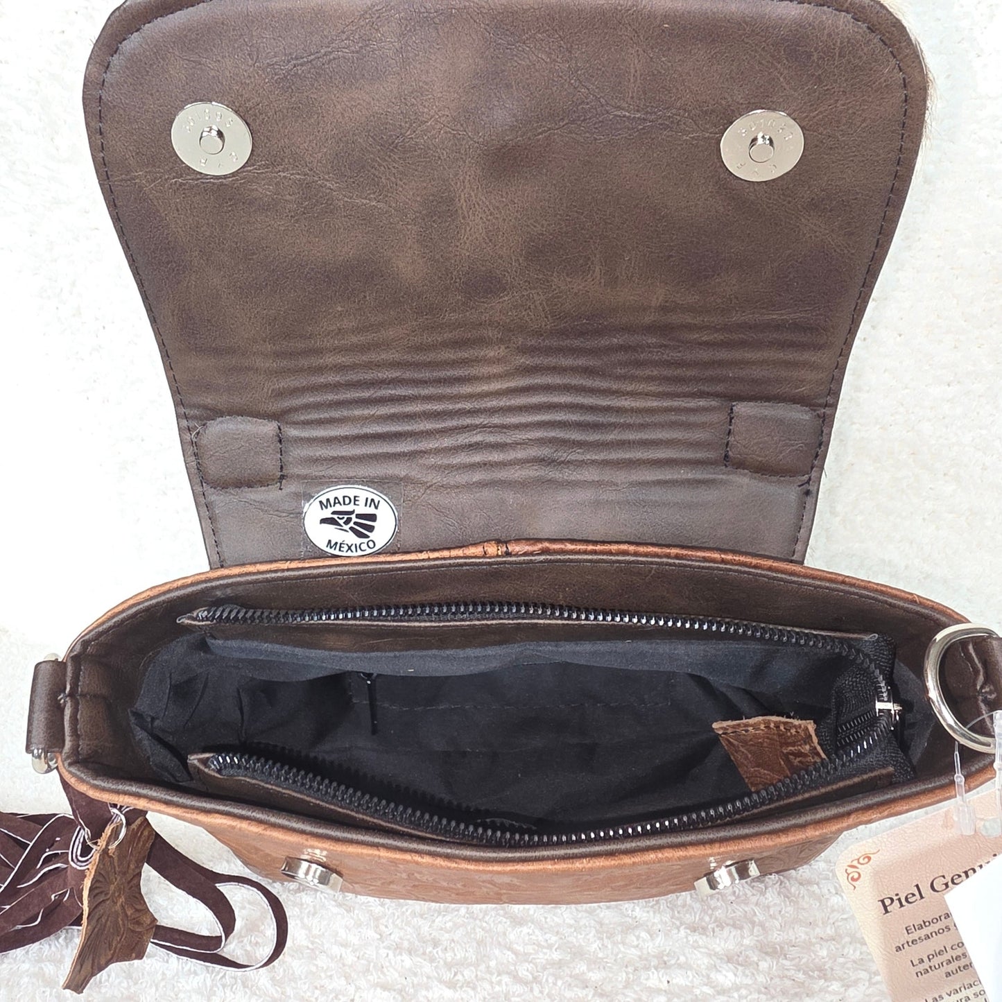 Handcrafted Mexican Brown Tooled Leather & Cowhide Hair-On Western Handbag with Turquoise Concho