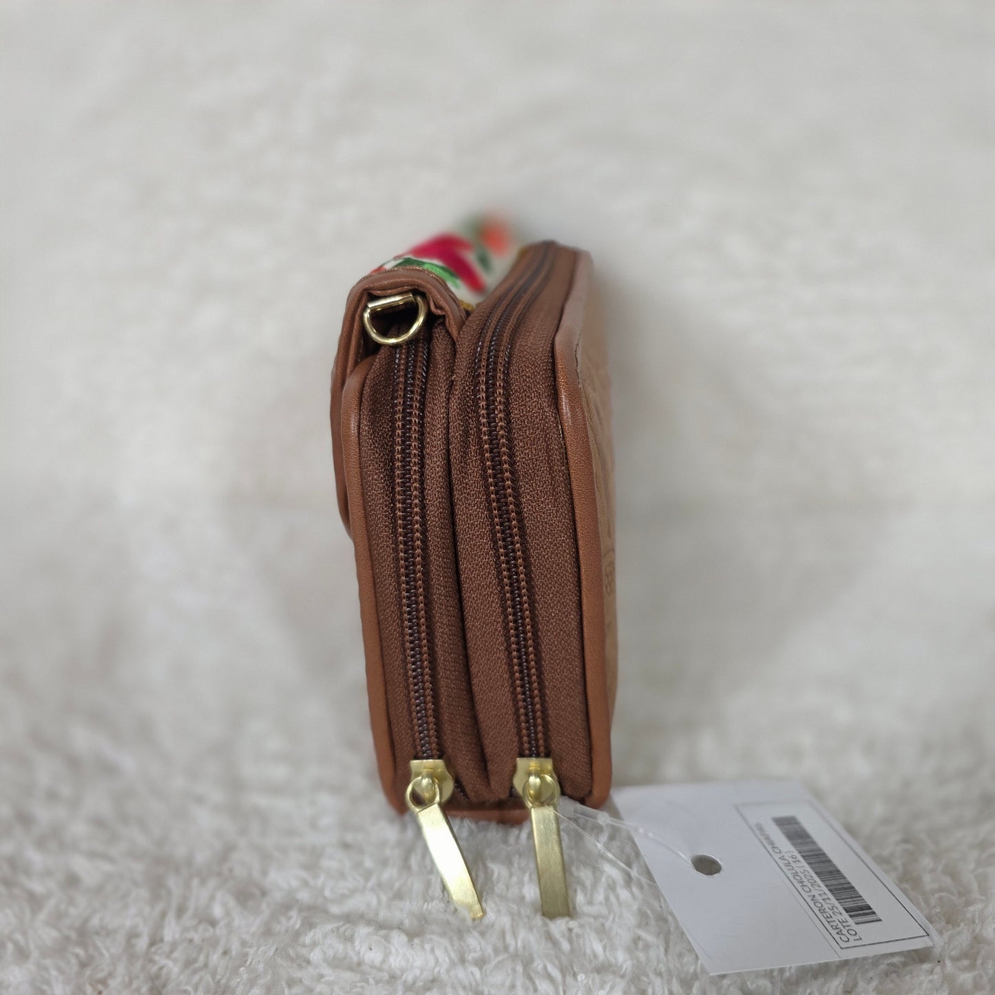Tan Chiapas Loom & Floral Embossed Leather Convertible Wallet Crossbody with Brown Trim