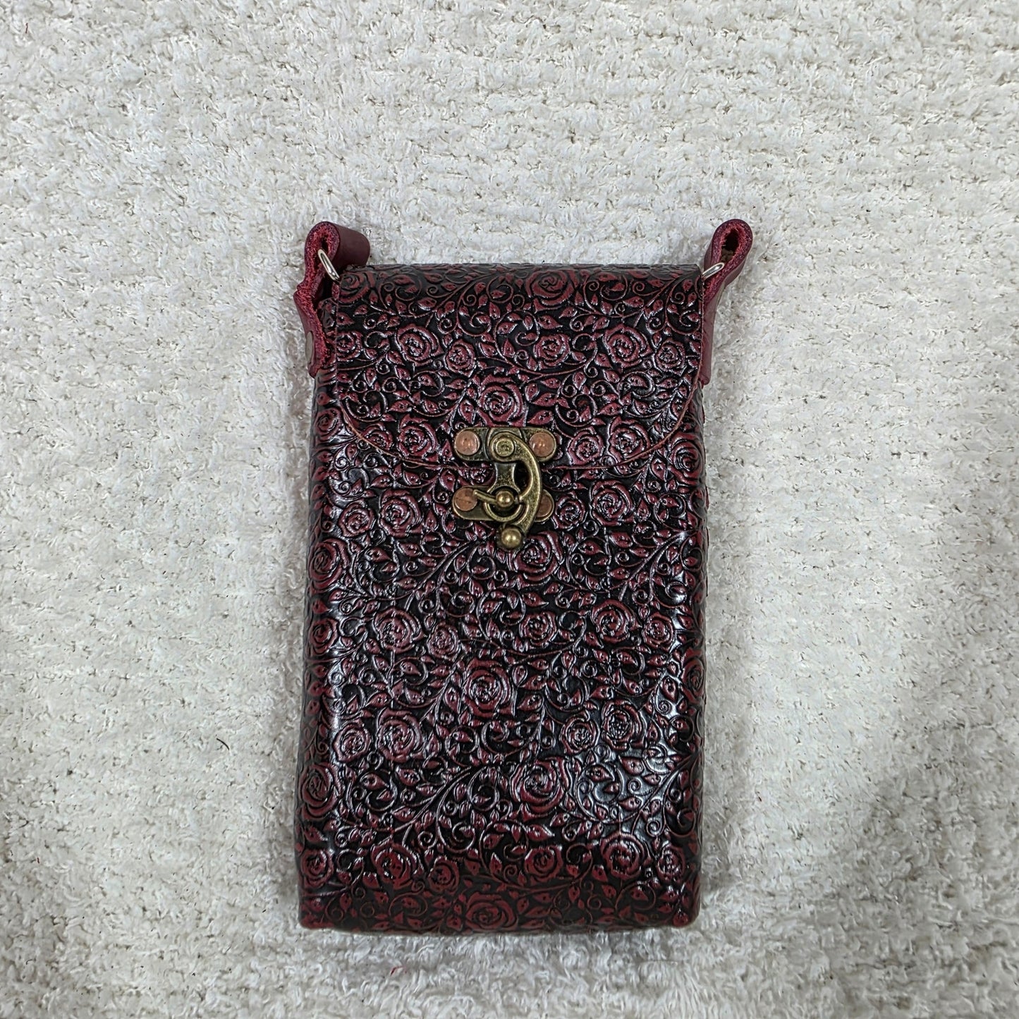 Red Roses Embossed Leather Cell Phone Bag - Handcrafted in Mexico