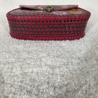 Mexican Hand-Tooled Leather Flowers & Colibrí Red Crossbody Bag