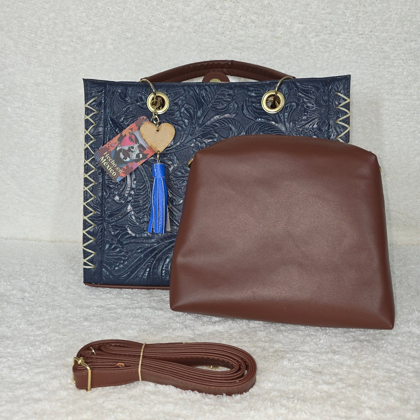 Handmade Blue Floral Embossed & Painted Leather Satchel