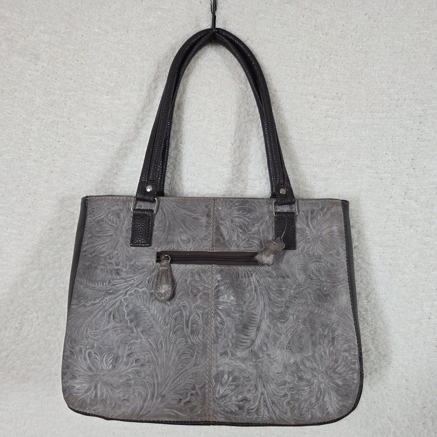 Handcrafted Mexican Brown Floral Embossed Leather Tote Bag with Front Pocket