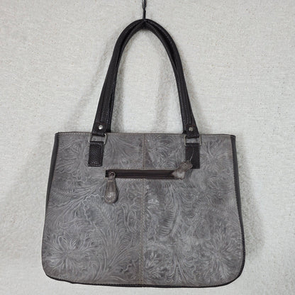 Mexican Floral Embossed Distressed Dusty Mocha Leather Tote Bag with Front Pocket