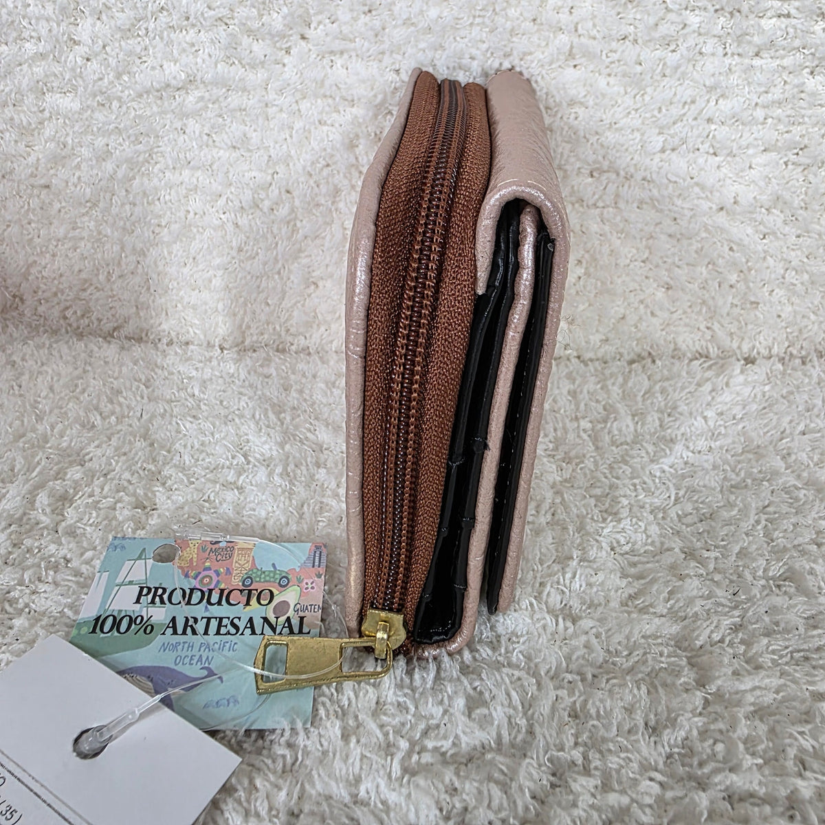 Light Pink Floral Embossed Leather Trifold Wallet with Back Zip Compartment