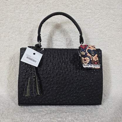 Handcrafted Mexican Black Ostrich Embossed Leather Top-Handle Satchel