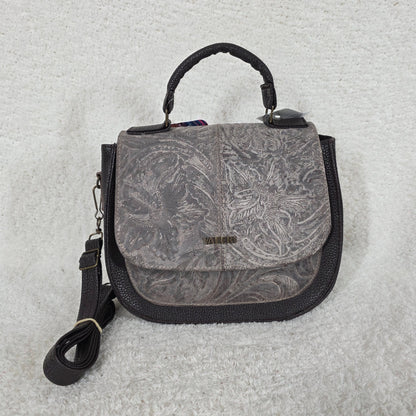 Mexican Floral Embossed Distressed Dusty Mocha Leather Satchel Bag