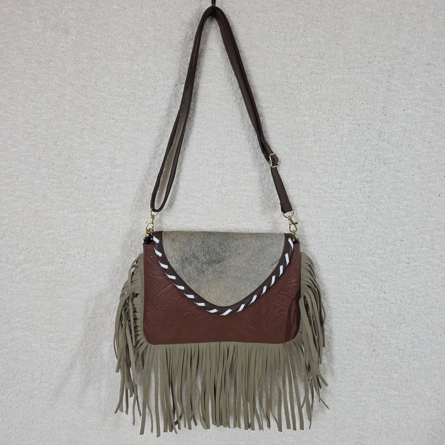 Handcrafted Mexican Brown Floral Embossed Tooled Leather & Cowhide Fringe Crossbody Bag