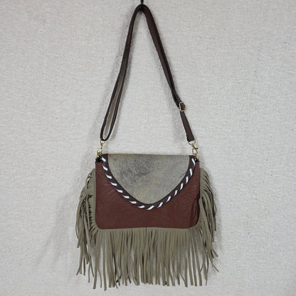 Handcrafted Mexican Cognac Brown Floral Embossed Tooled Leather & Cowhide Fringe Crossbody Bag