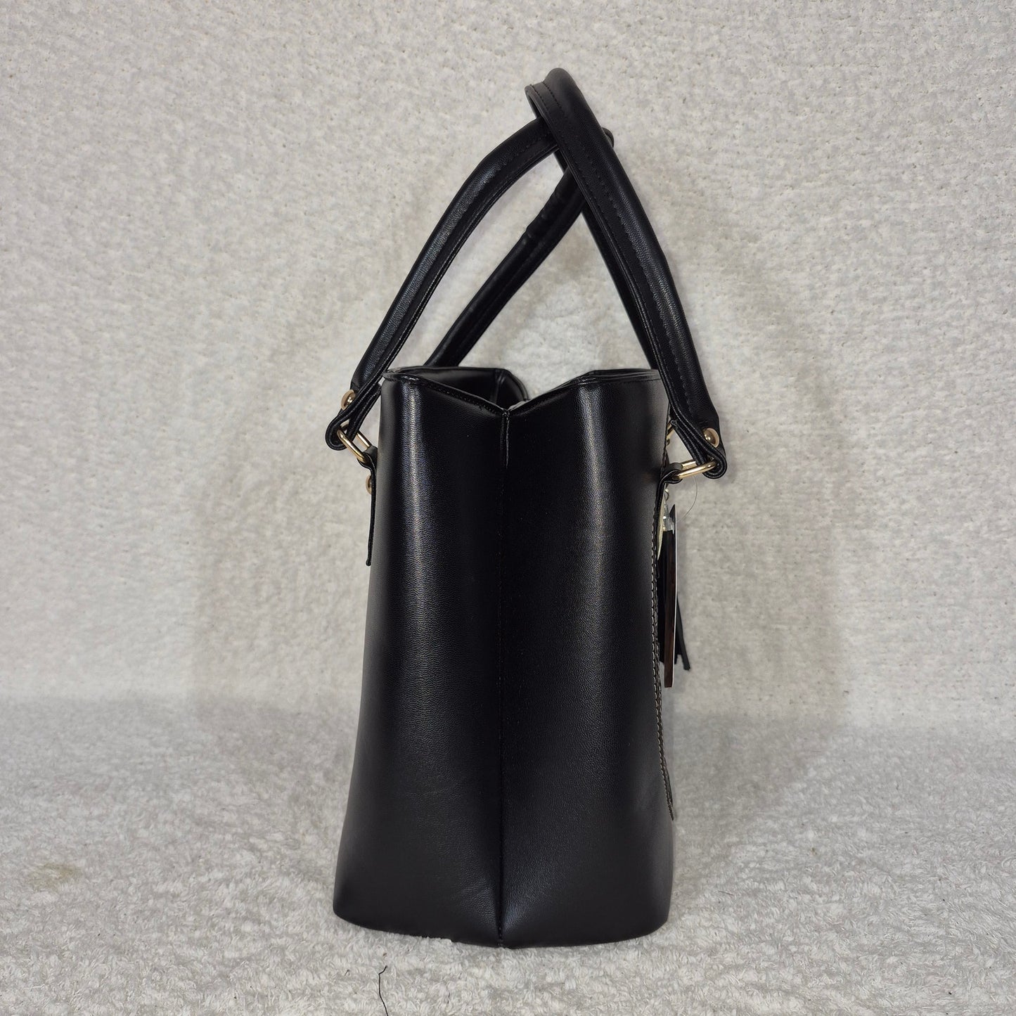 Handcrafted Mexican Black Vegan Leather Trapezoid Handbag with Embossed Aztec Calendar