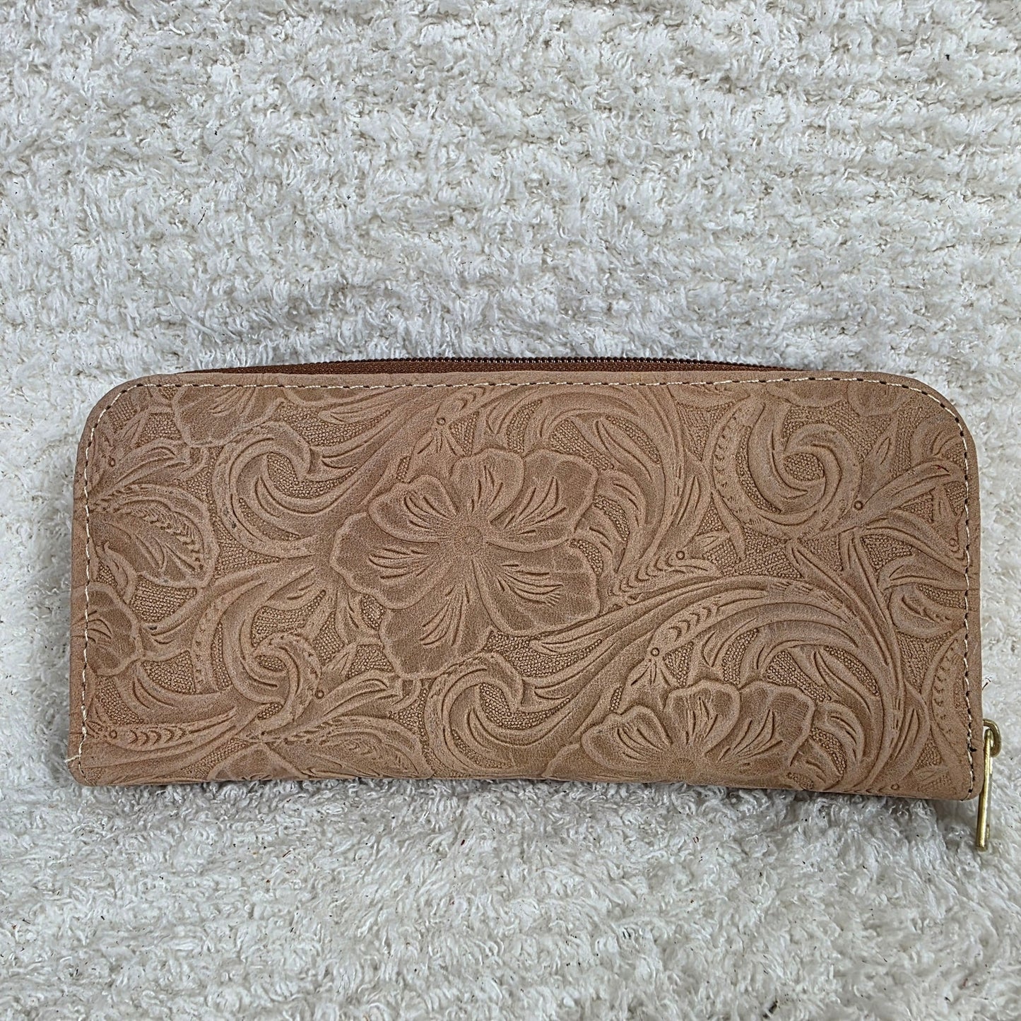 Beige Floral Embossed Leather Bifold Wallet with Zip Compartments & Mirror