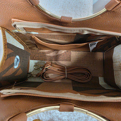 Mexican Chiapas Loom Honey Brown Tooled Leather Bag with Gold Tone Ring Handles
