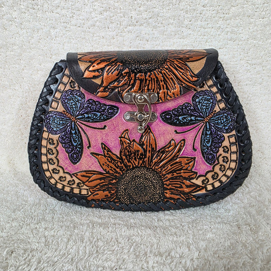 Pink Hand-Tooled Sunflower & Butterfly Genuine Leather Crossbody Bag — Artisan Handcrafted in Mexico