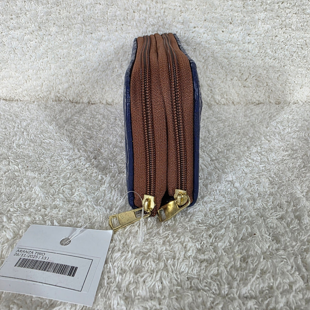 Blue Floral Embossed Leather Double Zip Wallet