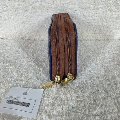 Blue Floral Embossed Leather Double Zip Wallet