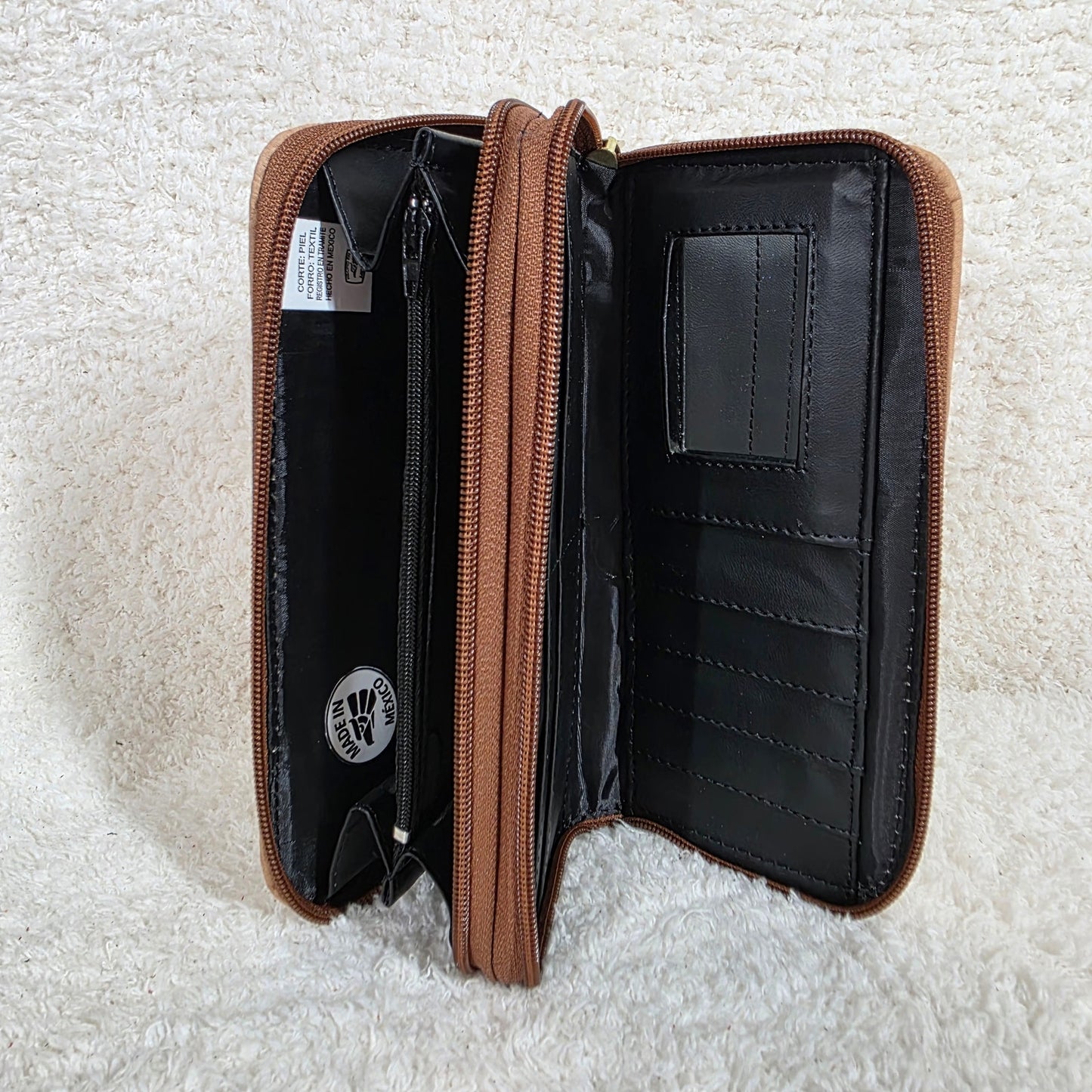 Beige Floral Embossed Leather Bifold Wallet with Zip Compartments & Mirror