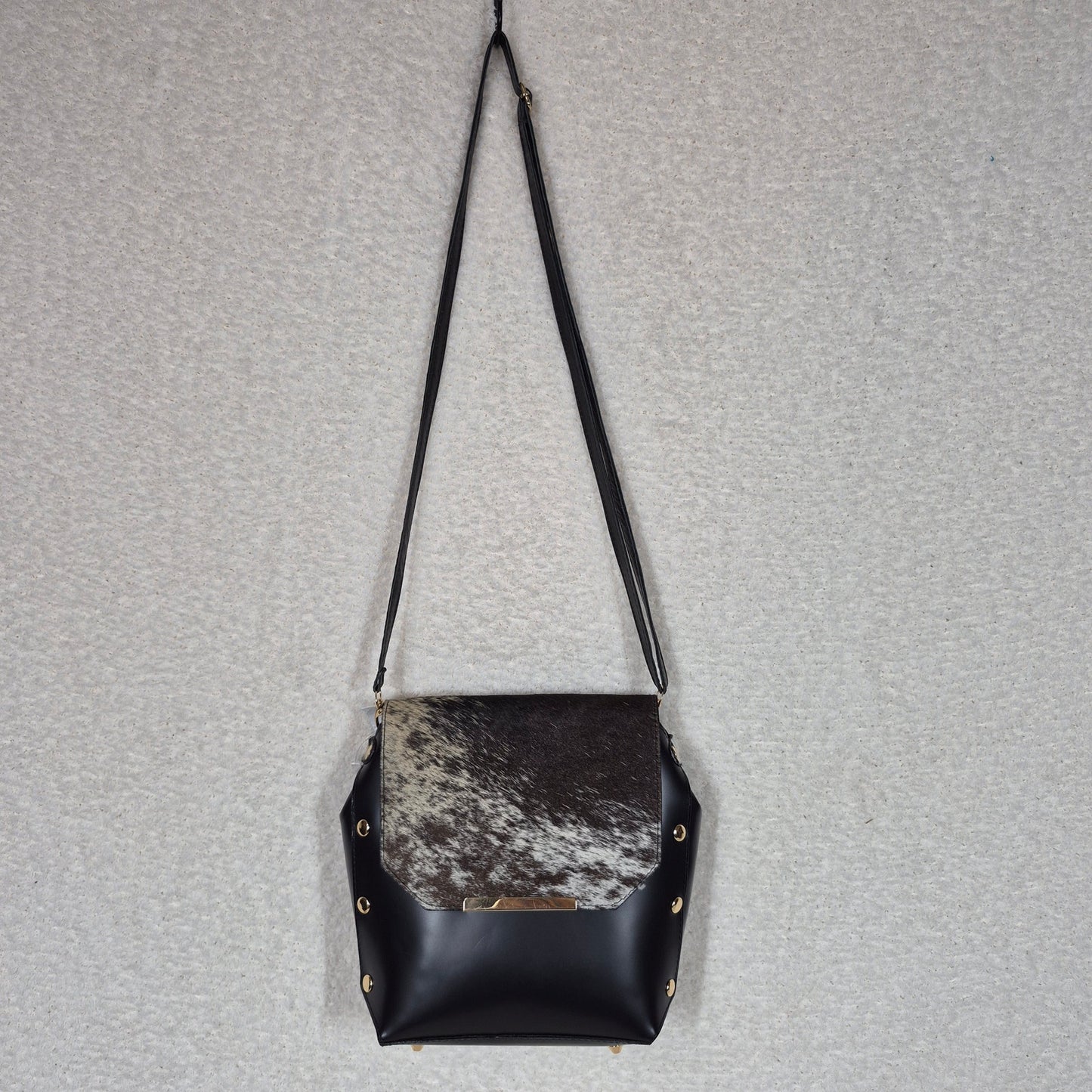 Handcrafted Mexican Black Leather Handbag with Cowhide Hair-On Flap & Gold-Tone Hardware