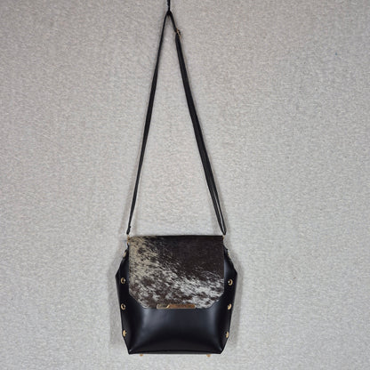 Handcrafted Mexican Black Leather Handbag with Cowhide Hair-On Flap & Gold-Tone Hardware