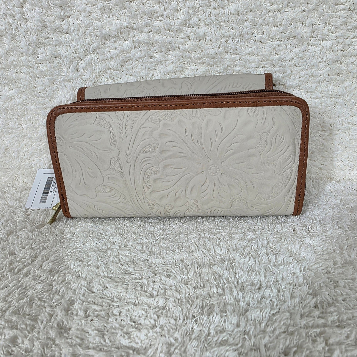Stone Gray Floral Embossed Leather Convertible Wallet Crossbody with Brown Trim