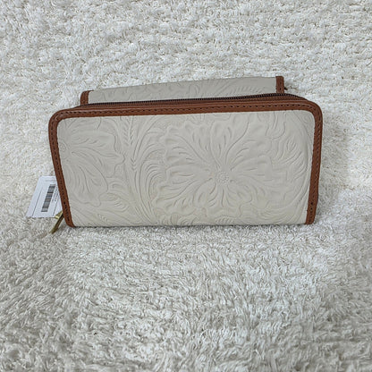 Stone Gray Floral Embossed Leather Convertible Wallet Crossbody with Brown Trim