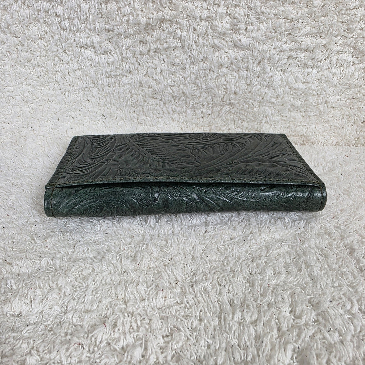 Forest Green Floral Embossed Leather Tri-fold Wallet