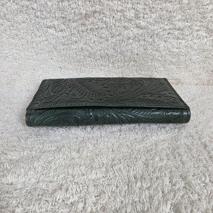 Forest Green Floral Embossed Leather Tri-fold Wallet