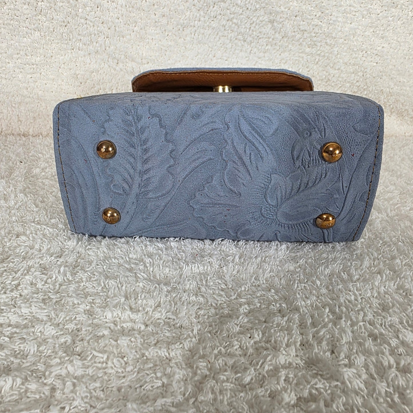 Light Blue Floral Embossed Leather Mini Bag with Detachable Strap