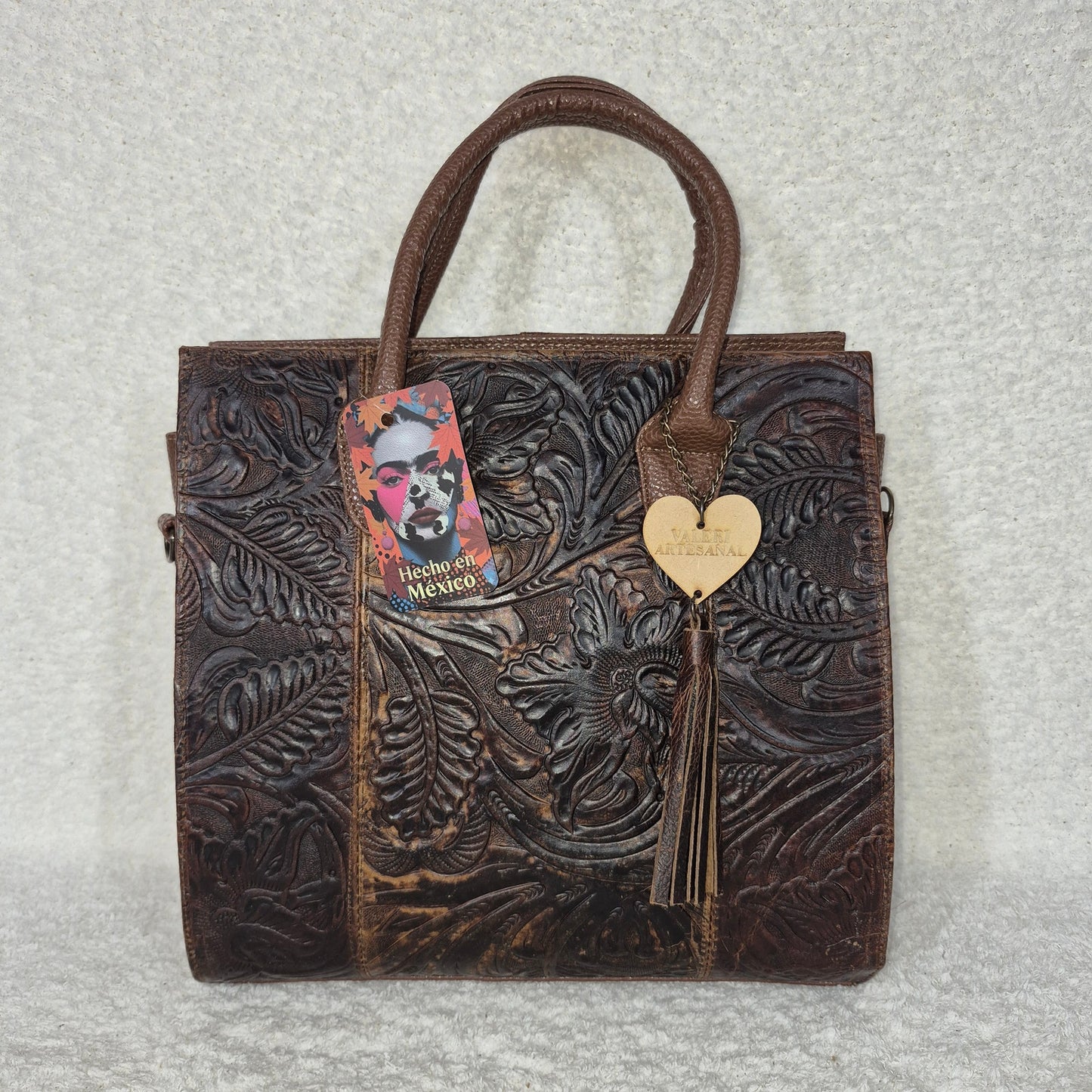 Handcrafted Mexican Brown Floral Embossed Leather & Synthetic Handbag