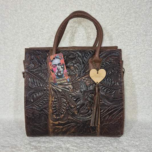 Brown Floral Embossed Leather & Synthetic Handbag — Handmade in León, Guanajuato, Mexico