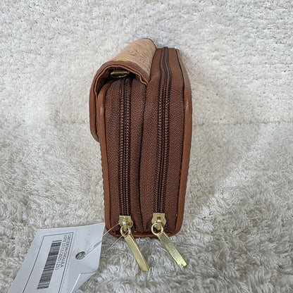 Light Peach Floral Embossed Leather Convertible Wallet Crossbody with Brown Trim